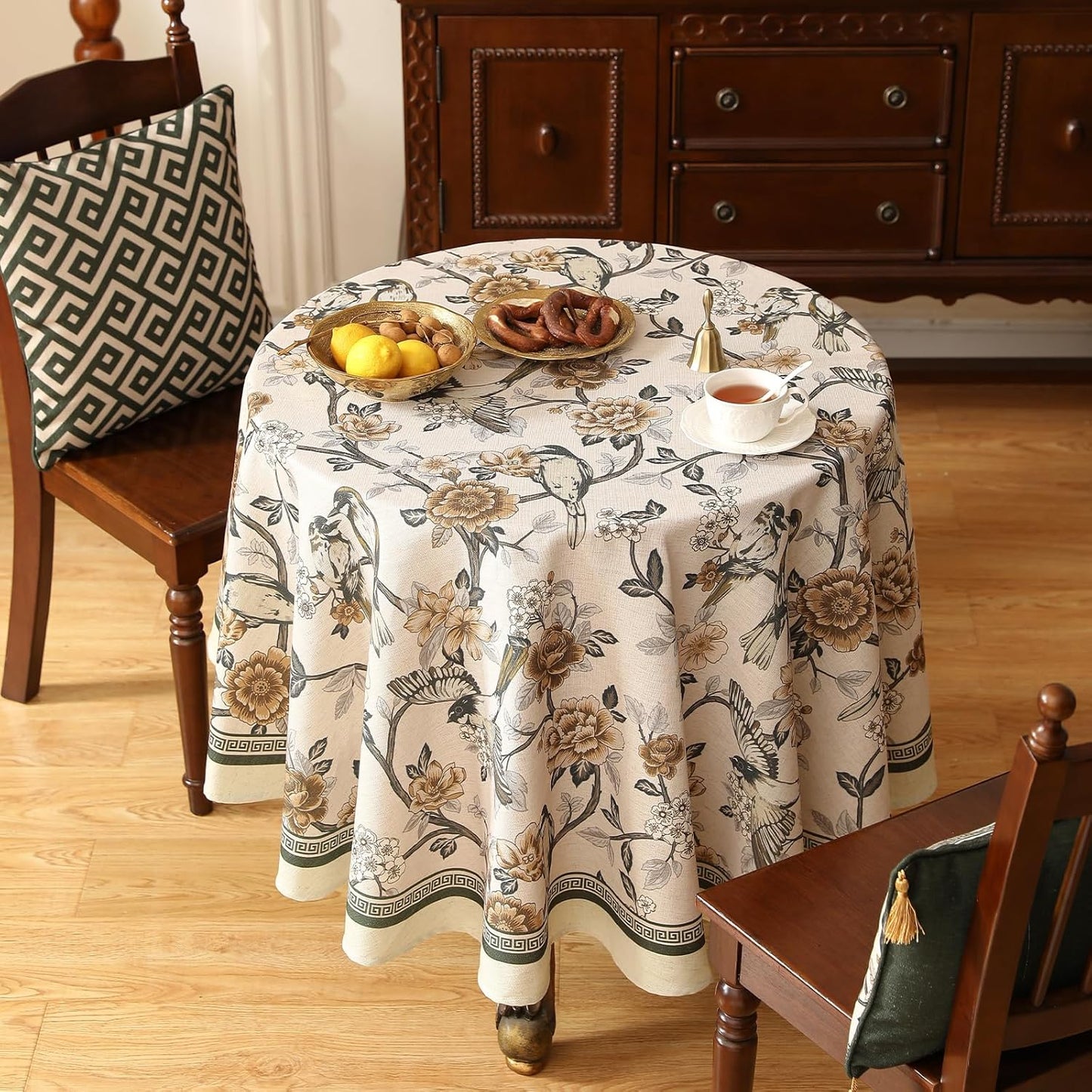 ISAENNE Designer Vintage Linen Small Round Table Cloth,Floral and Bird Pattern Elegant Tablecloth,Fall Wrinkle Resistant Home Decor Tablecloths for Dining Kitchen,Diameter 55"-Murad A
