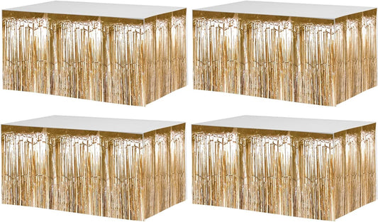 4 Pack 29x108 Inch Metallic Foil Fringe Tinsel Table Skirts for Rectangle Tables Streamer Curtains Backdrop for Christmas, Birthday, Parade Floats, Halloween Party Supplies(Champagne Gold)