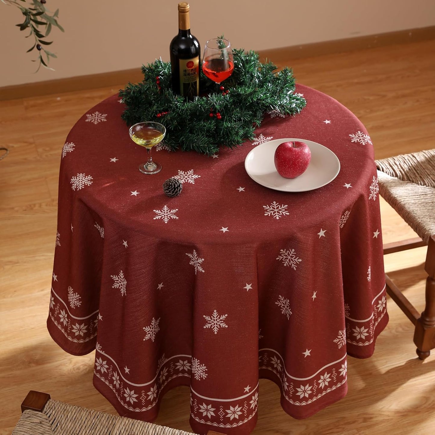 ISAENNE Designer Christmas Red Small Round Tablecloth,Linen Table Cloth with Snowflakes Pattern,Wrinkle Resistant Decor Tablecloths for Dining Kitchen Thanksgiving Christmas,Diameter 55"-Carol C