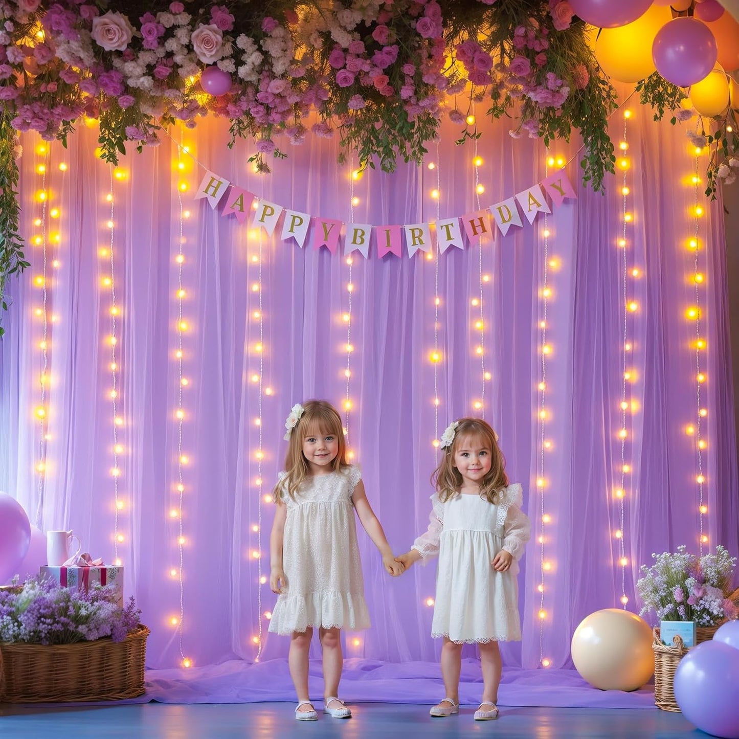 20x10ft Lavender Tulle Backdrop Curtains with Lights for Party Wedding Baby Shower, Sheer Wrinkle Free Backdrop Curtains for Birthday Party Photo Booth Background Decoration