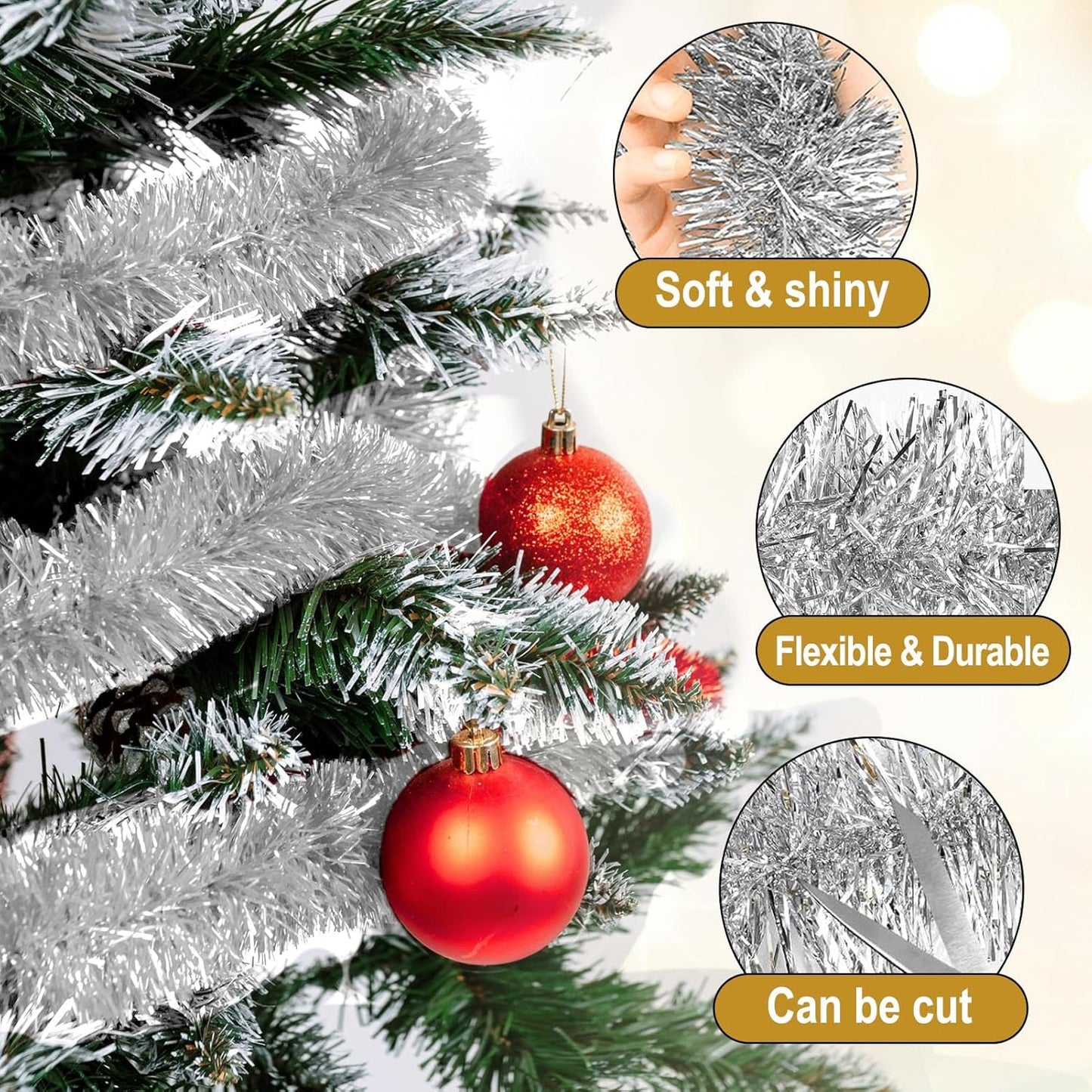 50 Feet Silver Christmas Tinsel Garland, Metallic Foil Twist Garland Wall Hanging Tinsel Banner Backdrop for Parade Floats, Easter, Mother's Day, Wedding Party Decorations (2in x 50ft)