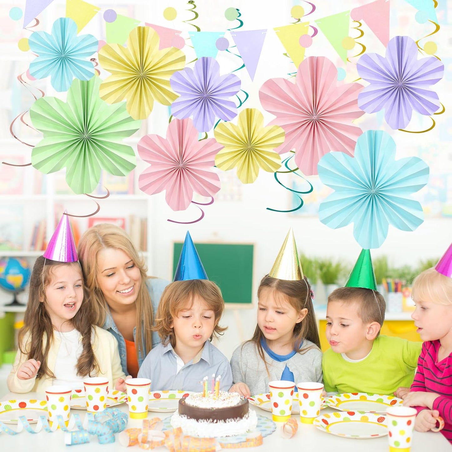 Pastel Rainbow Party Decorations, Pastel Birthday Decorations with Colorful Hanging Paper Flowers,Tassel Garland and Swirls for Boys Girls, Baby Showers Wedding Party Supplies