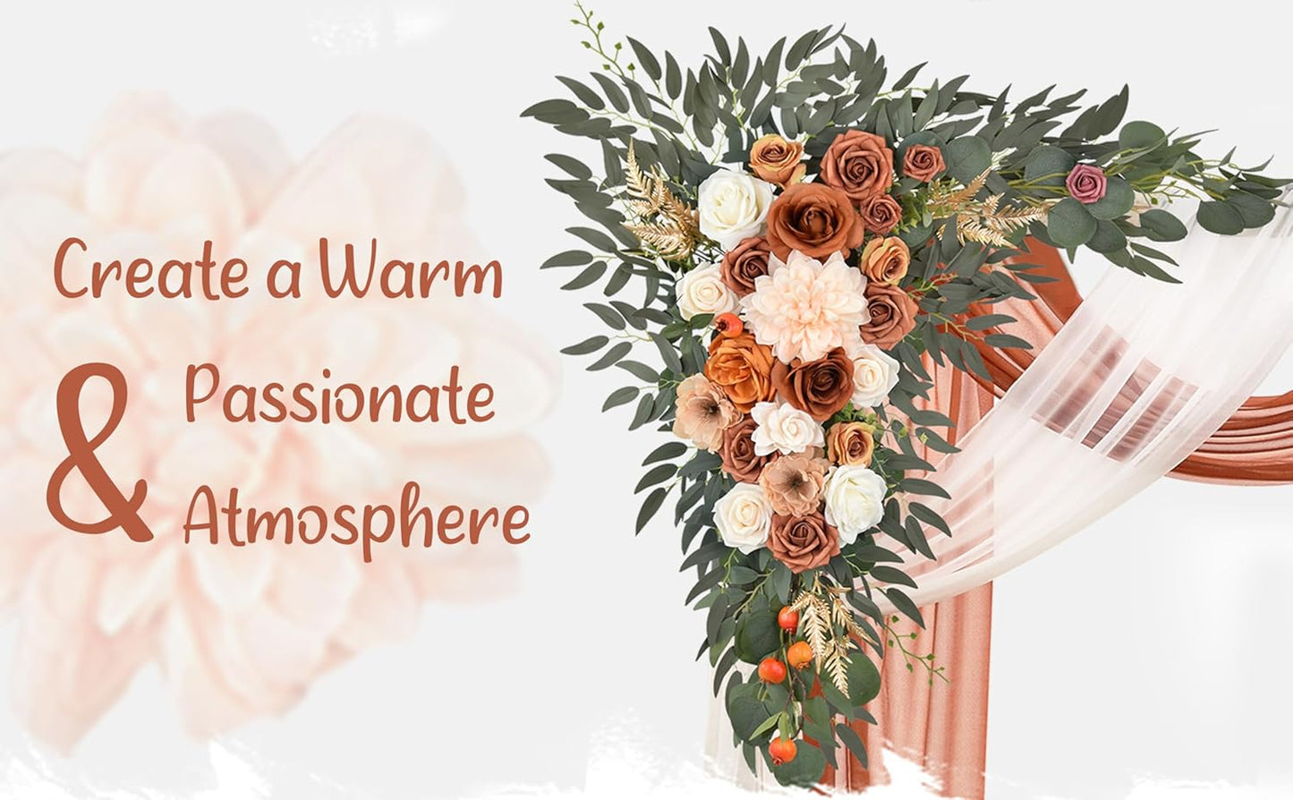 Wedding Arch Flowers with Drapes Kit (Pack of 4) - 2pcs Artificial Terracotta Deluxe Swag with 2pcs Sheer Drapes for Wedding Ceremony Arbor Reception Backdrop Rose Floral Decoration