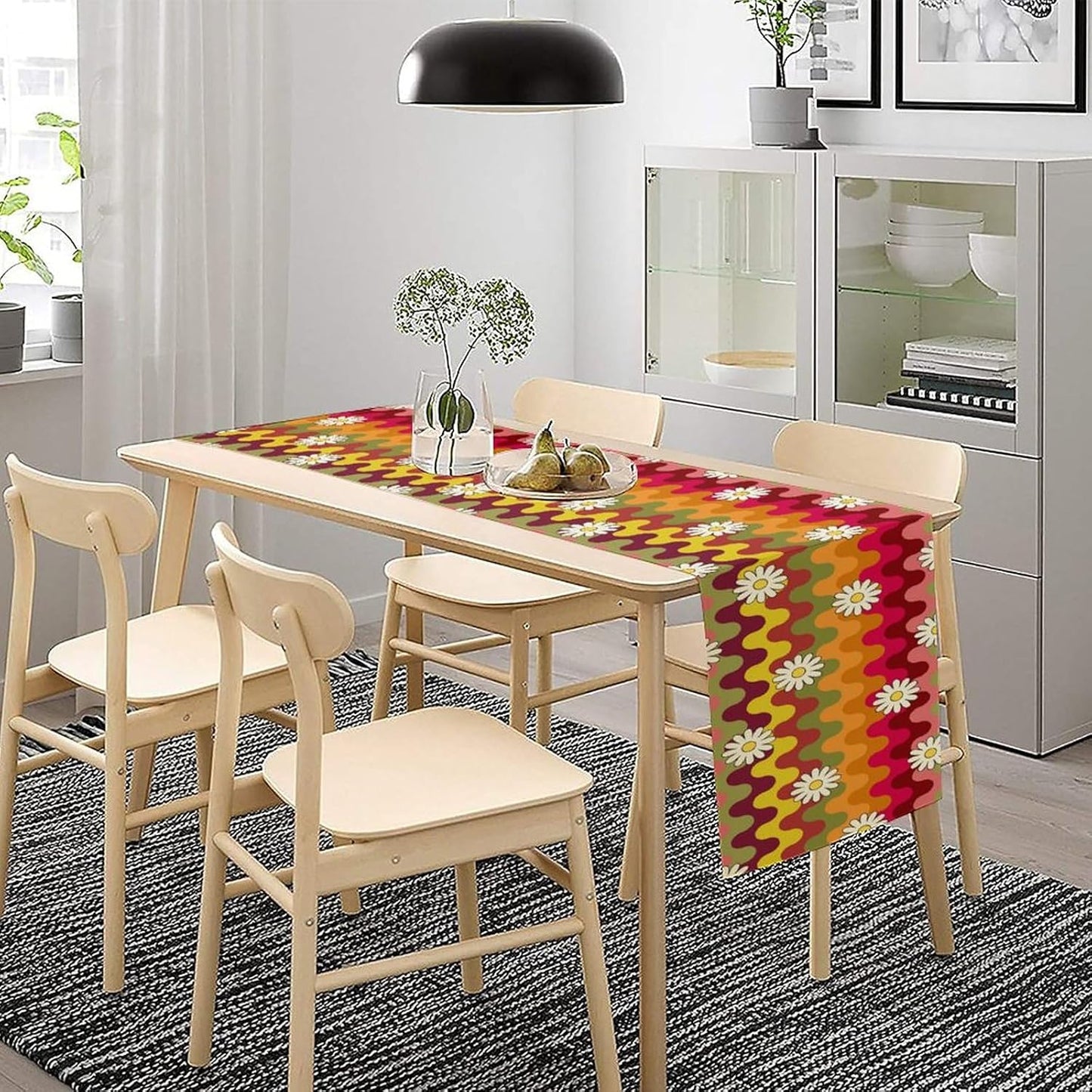 Vintage Floral Table Runner,60s 70s Colorful Retro Abstract Hippie Print Table Runner for Kitchen Dining Table Home Party Decoration 13x36 Inch