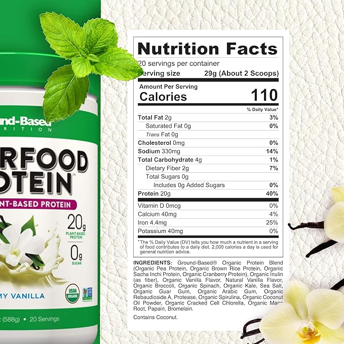 Ground-Based Nutrition Plant-Based Protein Superfood Powder - Vanilla Flavor - Vegan, Keto, Paleo Friendly - High Protein, Low Calorie, Gluten-Free - 20 Servings Creamy Vanilla