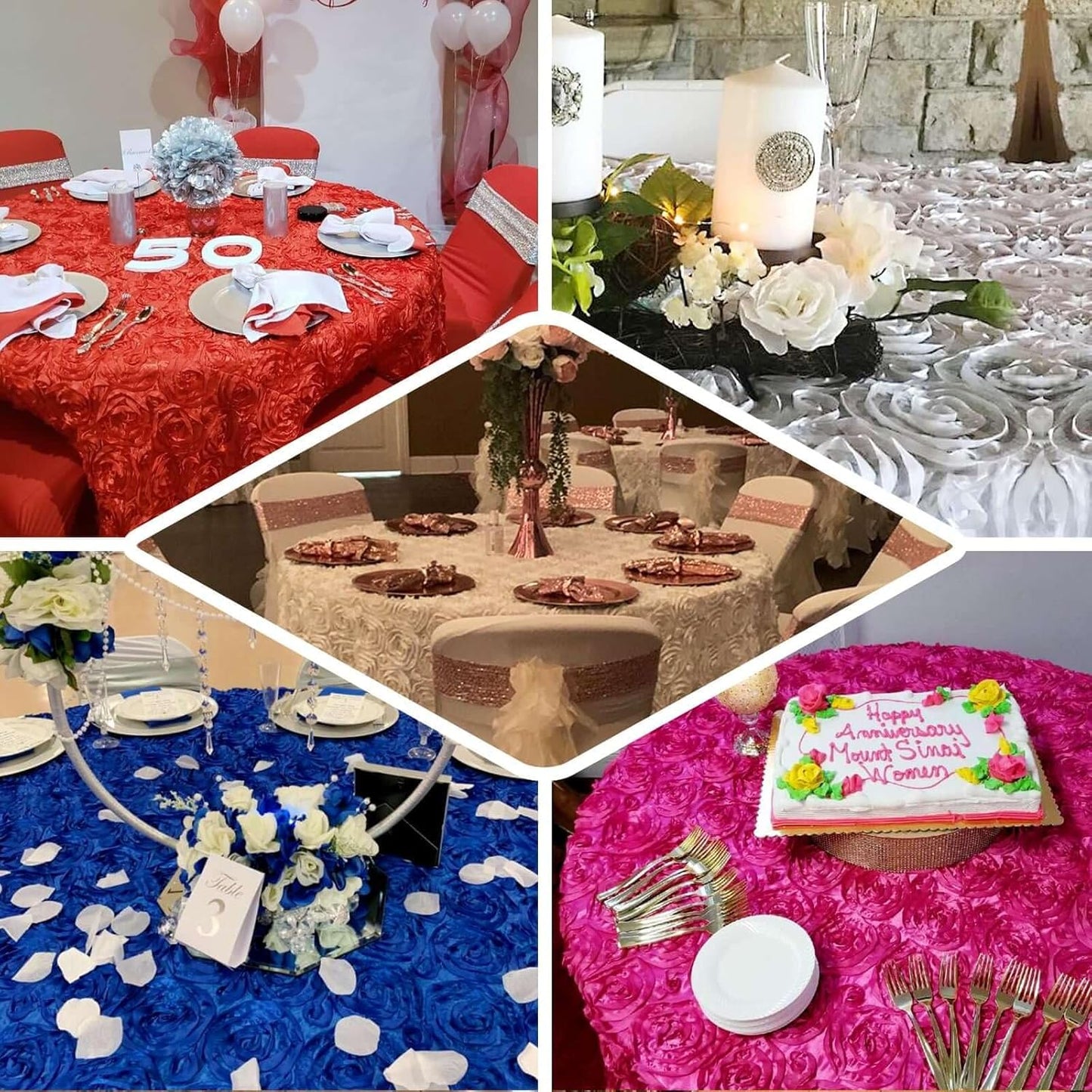 Efavormart 120" Wholesale Round Table Cover Champagne Grandiose Rosette 3D Satin Tablecloth for Wedding Party Event Decoration