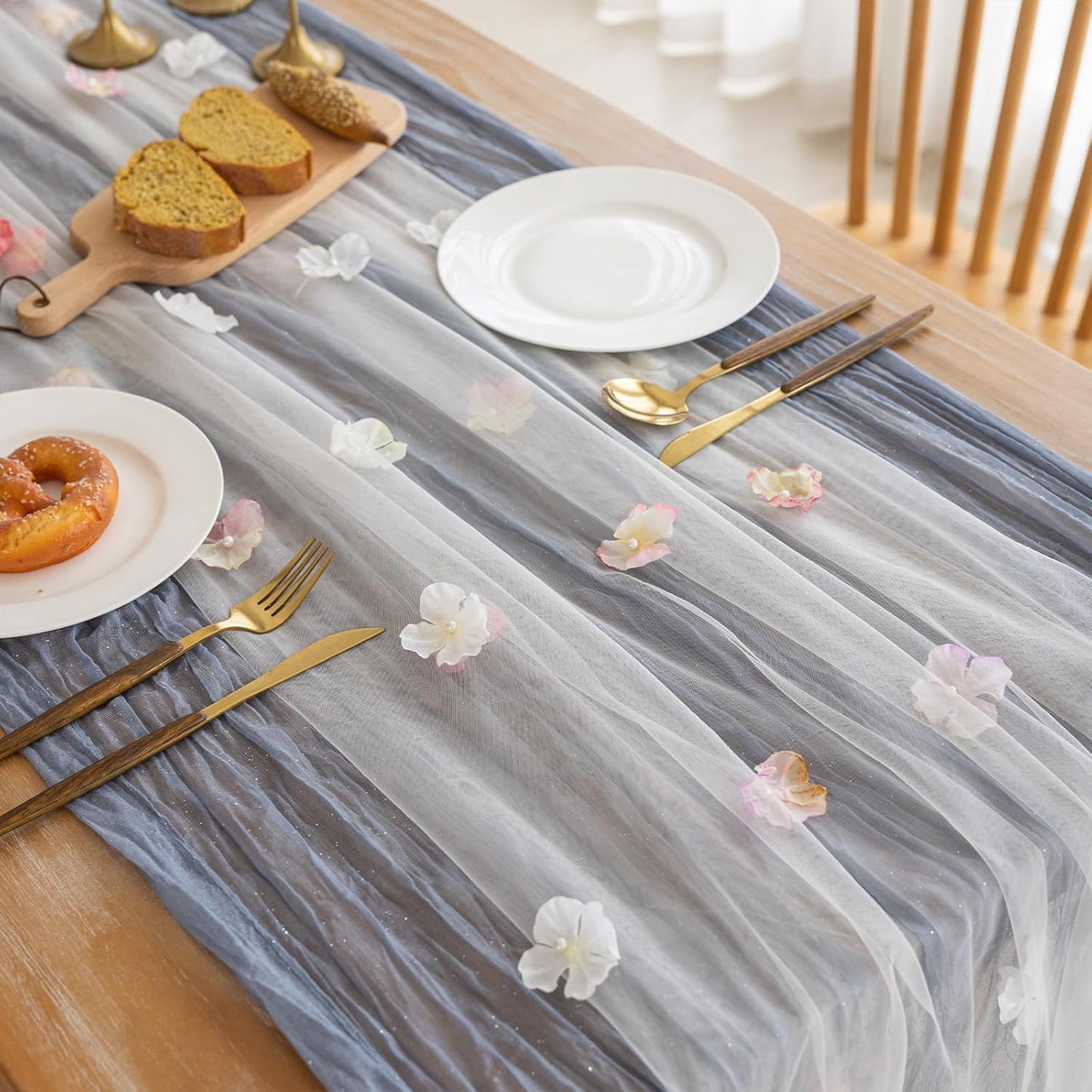 Romantic Artificial Floral Table Runner 10ft Gauze Tulle Lace Table Runner Set for Wedding Baby Shower Bridal Shower Holiday Kitchen Dining Table Decoration for Home Party Special Occasion