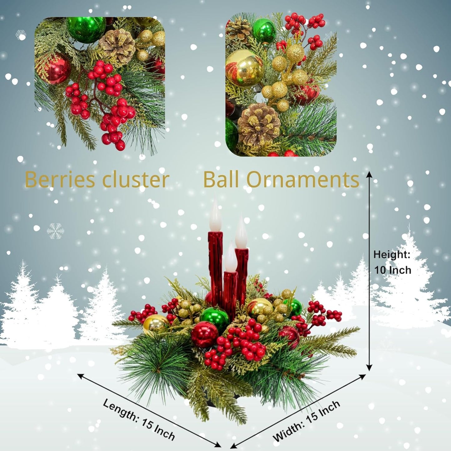 Christmas Floral Arrangement Centerpiece with 3 Flameless LED Candles, Battery Operated Lighted Holiday Table Decoration with Pine, Berries & Ornaments Holiday Winter Decorations