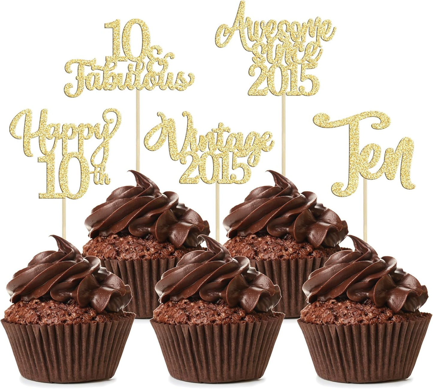 30Pcs Vintage 2015 Cupcake Toppers Glitter Happy 10th Birthday 10 Fabulous Cupcake Picks Cheers to 10 Years for 10th Birthday Wedding Anniversary Party Cake Decorations Supplies Gold