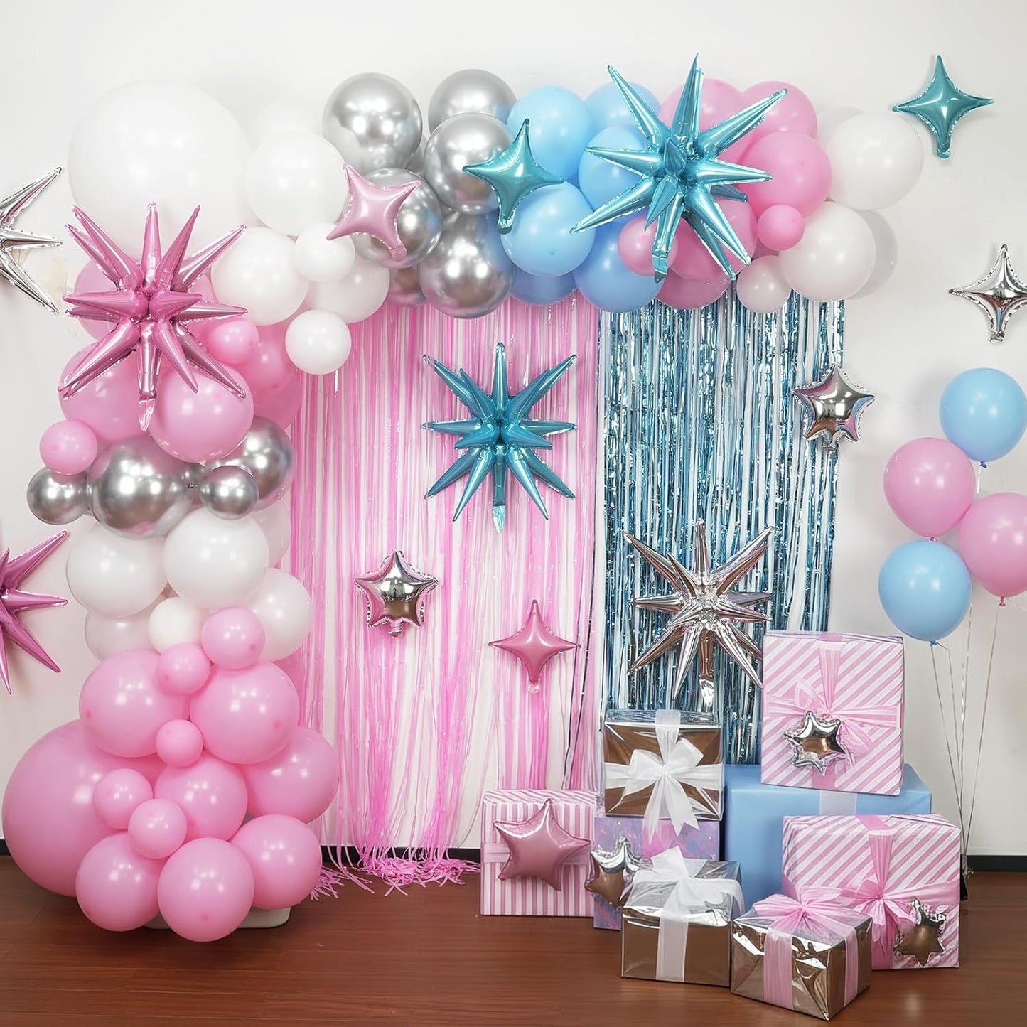 Pink Blue Silver Star Balloon,16Pcs Star Foil Balloons Set with 22Inch Explosion Spike Cone Balloons and 10Inch Quadrangle Helium Balloon for Birthday Wedding Baby Shower Party Decorations