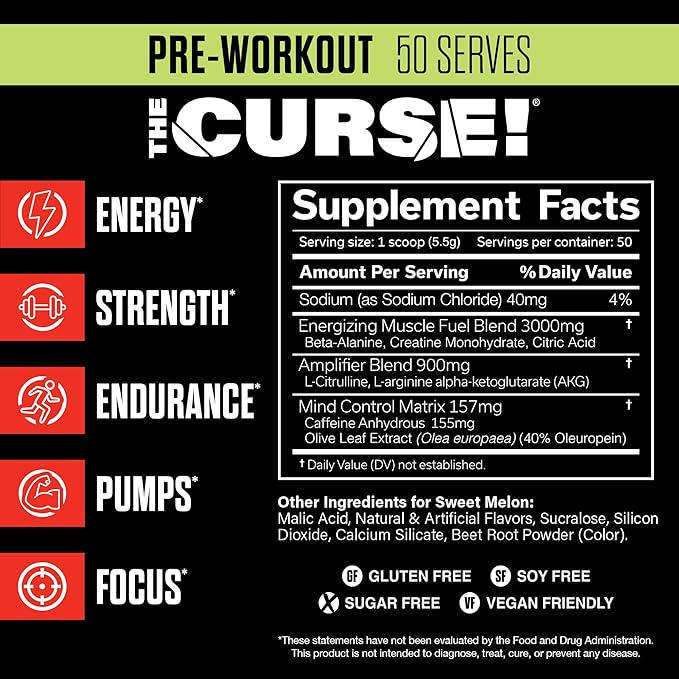 JNX SPORTS The Curse! Pre Workout Powder for Men & Women, Caffeine, Beta-Alanine, Creatine, L-Citrulline, 50 Servings, Sweet Melon Flavor – Boost Energy, Strength & Focus
