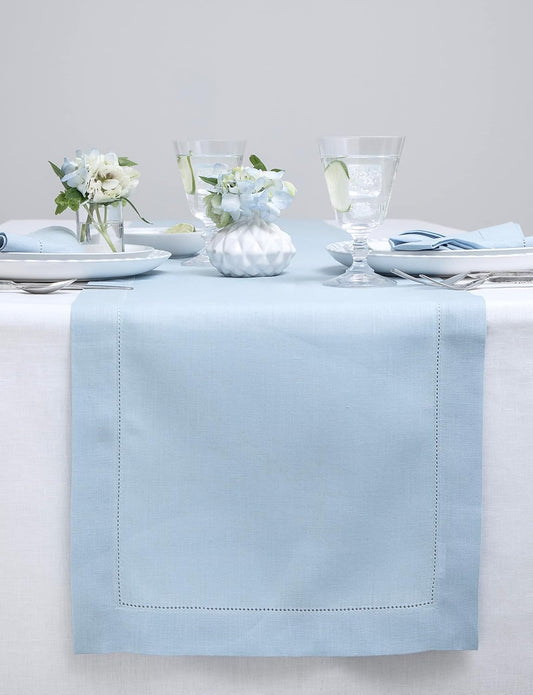 Solino Home Sky Blue Table Runner 90 Inches Long - 100% Pure Linen Hemstitch 14 x 90 Inch Table Runner for Dining, Holiday - Classic Hemstitch