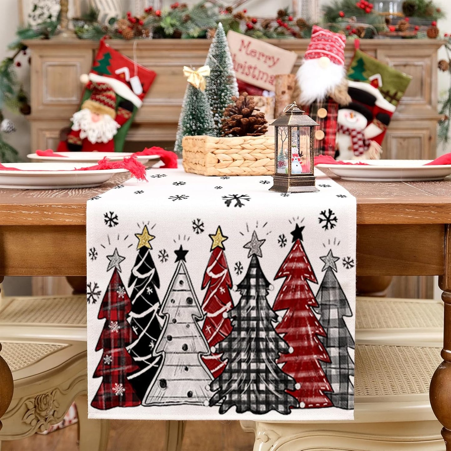 GEEORY Christmas Table Runner 13x120 Inch, Xmas Tees Snowflakes Holiday Decorative Farmhouse Table Decoration for Kitchen Dinning, Indoor Outdoor Dinner Party Decor ((Red & Black) GT165-120