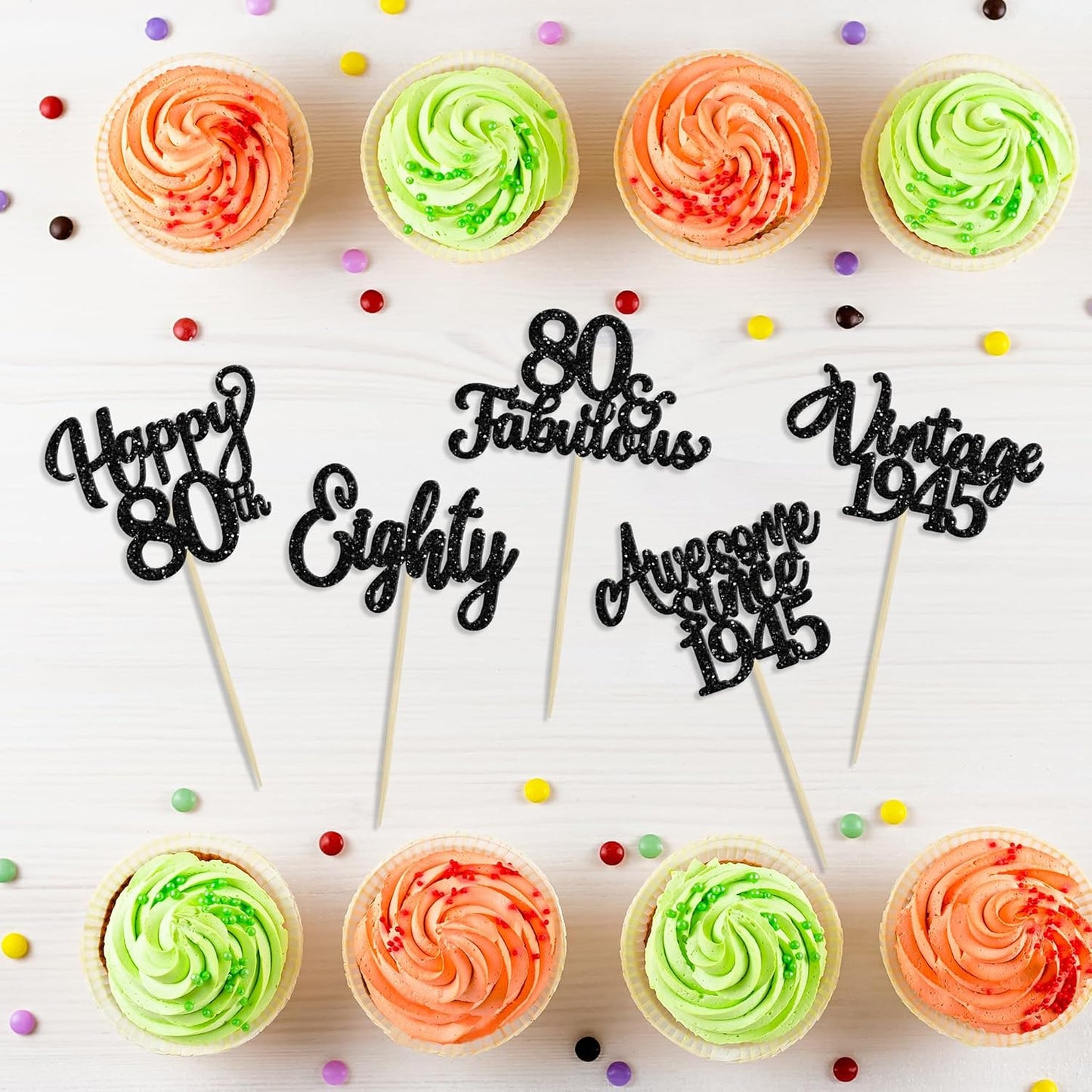 30Pcs Happy 80th Birthday Cupcake Toppers Glitter Awesome Since 1945 Eighty 80 Fabulous Vintage 1945 Cupcake Picks for 80th Birthday Anniversary Retirement Party Cake Decorations Supplies Black