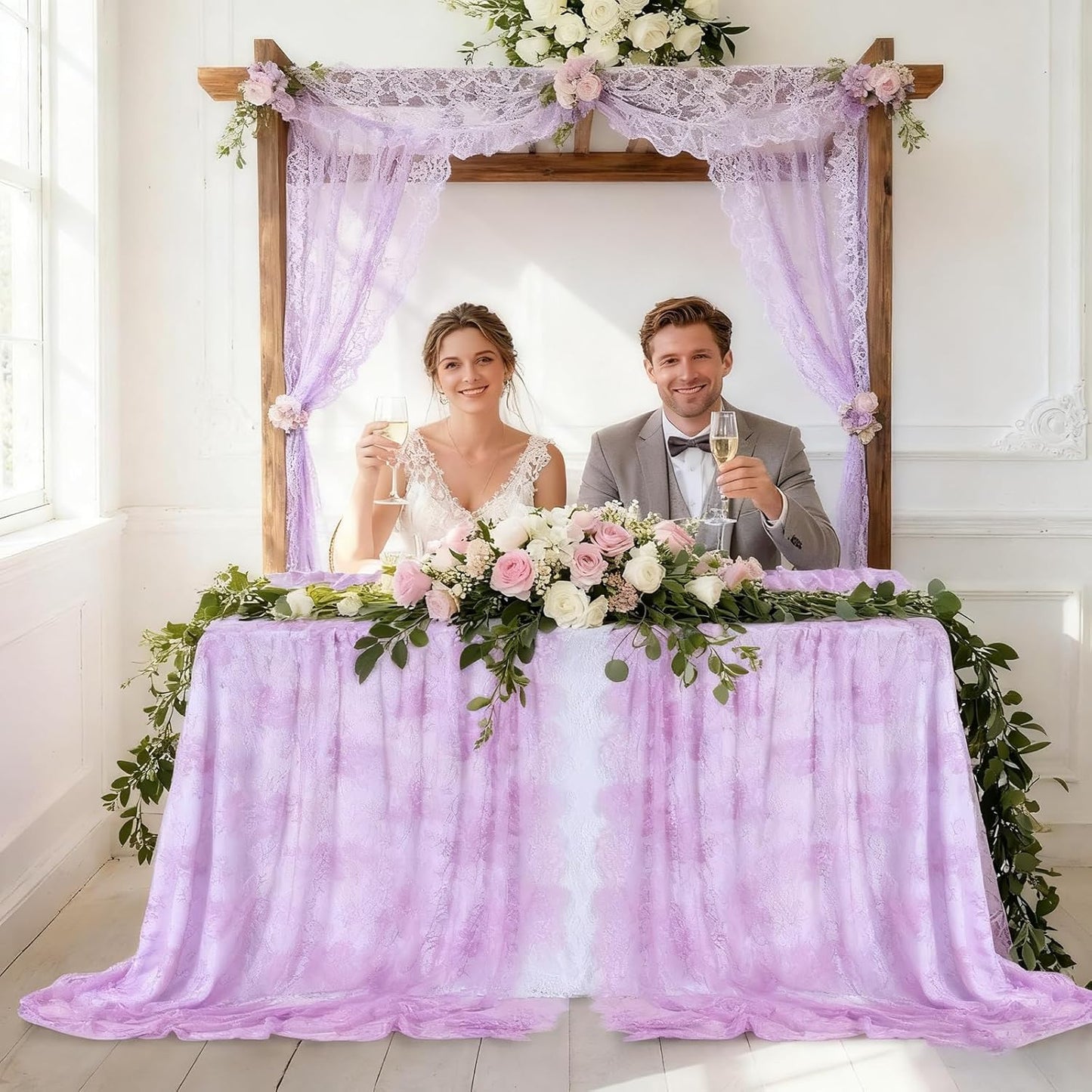 Light Purple Tablecloth Outdoor Lace Table Fabric 2pcs 60x120 Inch for Farmhouse Rustic Wedding Bridal Shower Party Decoration Rectangle Overlay Vintage Embroidered Reception Table Cloth Decor
