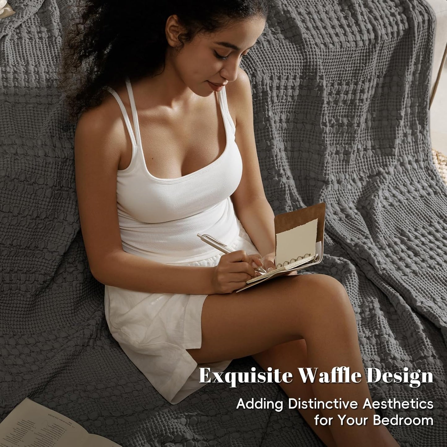 PHF 100% Cotton Waffle Weave Blanket Twin Size for Bed, Soft Lightweight & Breathable, All-Season Comfort, Luxury Aesthetic Woven Bedding for Home Decor, 66"x90", Charcoal Grey