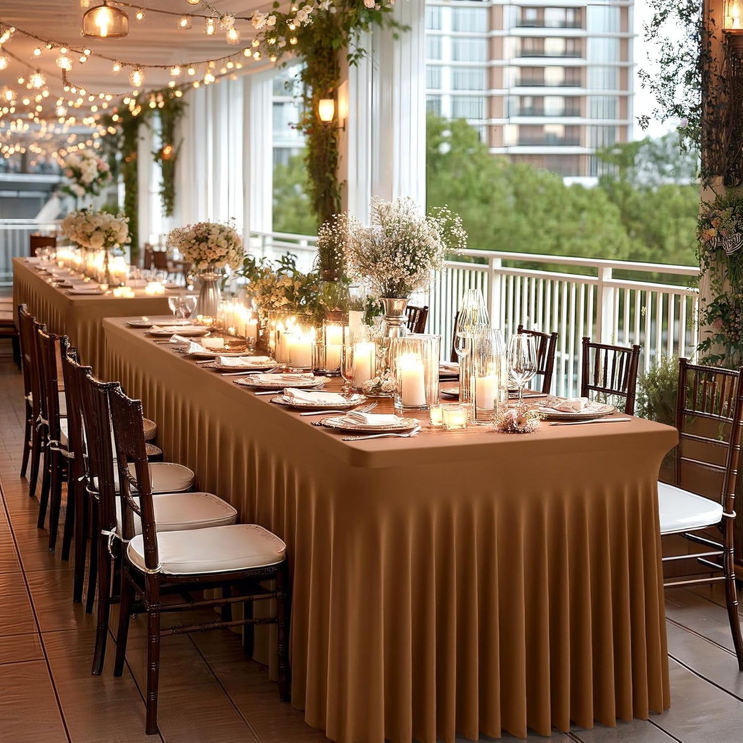 Wish Care 2 Pack Brown Spandex Table Clothes for 6 Foot Rectangle Tables, 6FT Wrinkle Free Fitted Tablecloths Ruffles Design Table Cover for Party, Banquet, Wedding and Events