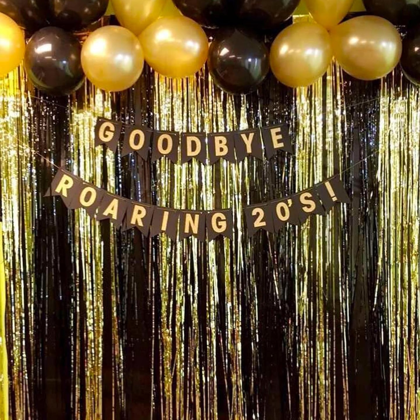 CANREVEL 2 Pack 3.3x8.2 Feet Black and Gold Foil Fringe Backdrop Curtains, Tinsel Streamers Birthday Party Decorations, Fringe Backdrop for Graduation, Baby Shower, Happy New Year, Disco Party