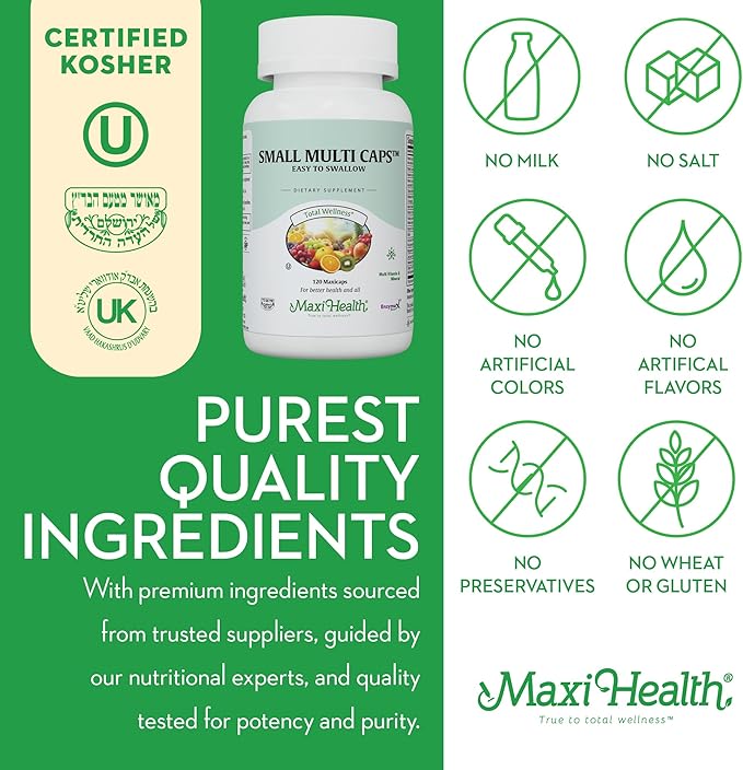 Maxi Health Multivitamin – Easy to Swallow Multi Vitamin Capsules with 30 Nutrients, Iron & Probiotics – Kosher Daily Multivitamins Small Capsules for Wellness Support & Digestive Ease (120 Units)