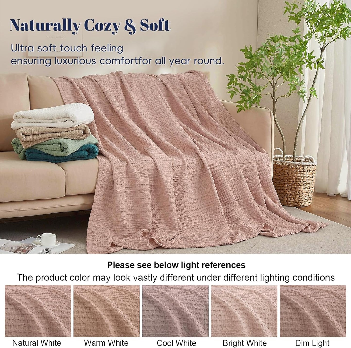 PHF Lightweight Waffle Weave Blanket Queen Size, Breathable & Ultra Soft, 90"x 90" Soft & Cozy Thin Blanket for All Season & Hot Sleepers, Bed, Home Decor - Rose Pink