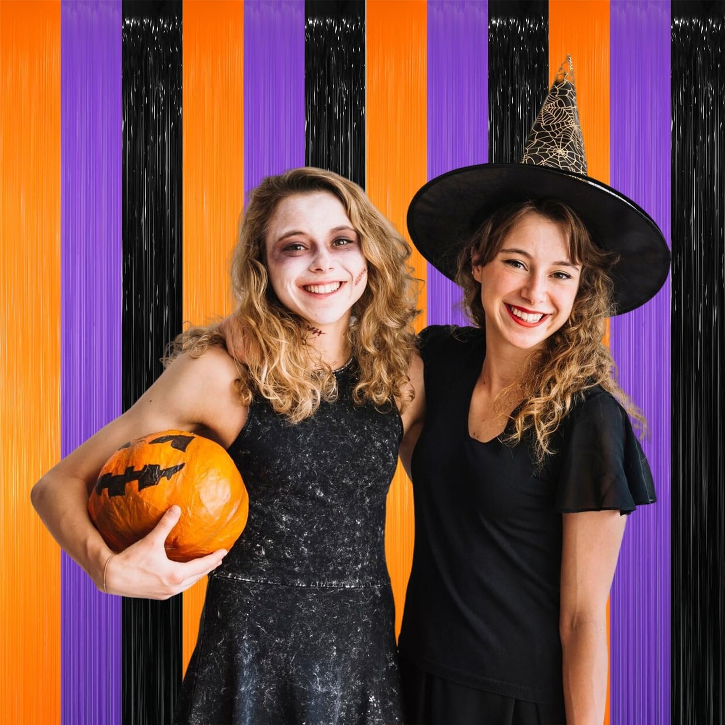 GOER 3.2 ft x 8.2 ft Metallic Tinsel Foil Fringe Party Backdrop for Halloween Birthday Graduation New Year's Party Decorations(5 Packs,Black&Orange&Purple)