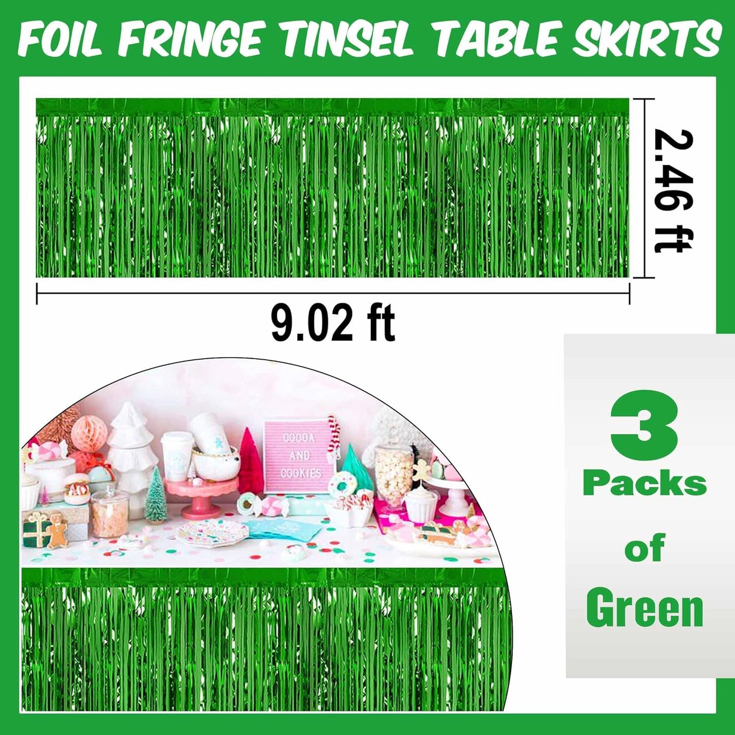 3 Pack 29 x108 Inch Green Foil Fringe Table Skirts Metallic Banner for Tinsel Streamer Garland Backdrop for Parade Floats Mother's Day, Graduate, Birthday, Wedding Party Decoration