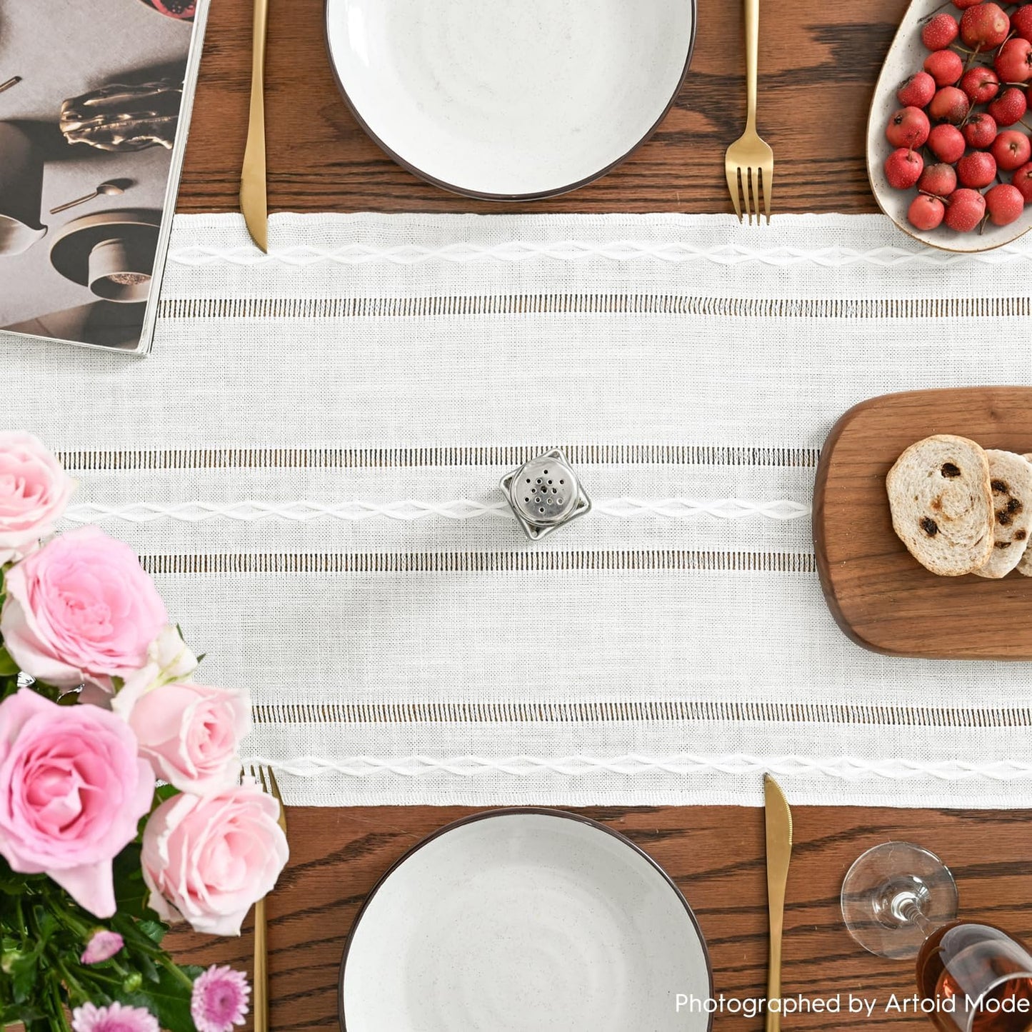 Artoid Mode Rustic Cotton Linen Table Runner, Seasonal Embroidered Hollow Kitchen Dining Table Decoration for Home Party Decor 13x36 Inch