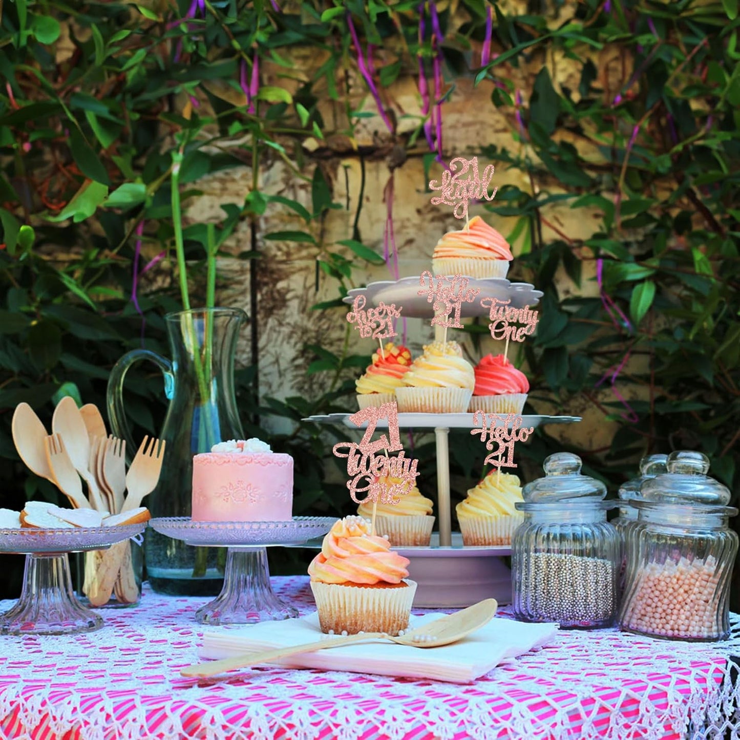 30pcs 21st Birthday Cupcake Toppers - Legal 21st Cupcake Picks - Cheers to 21 Years Old Cake Decorations - Rose Gold Glitter