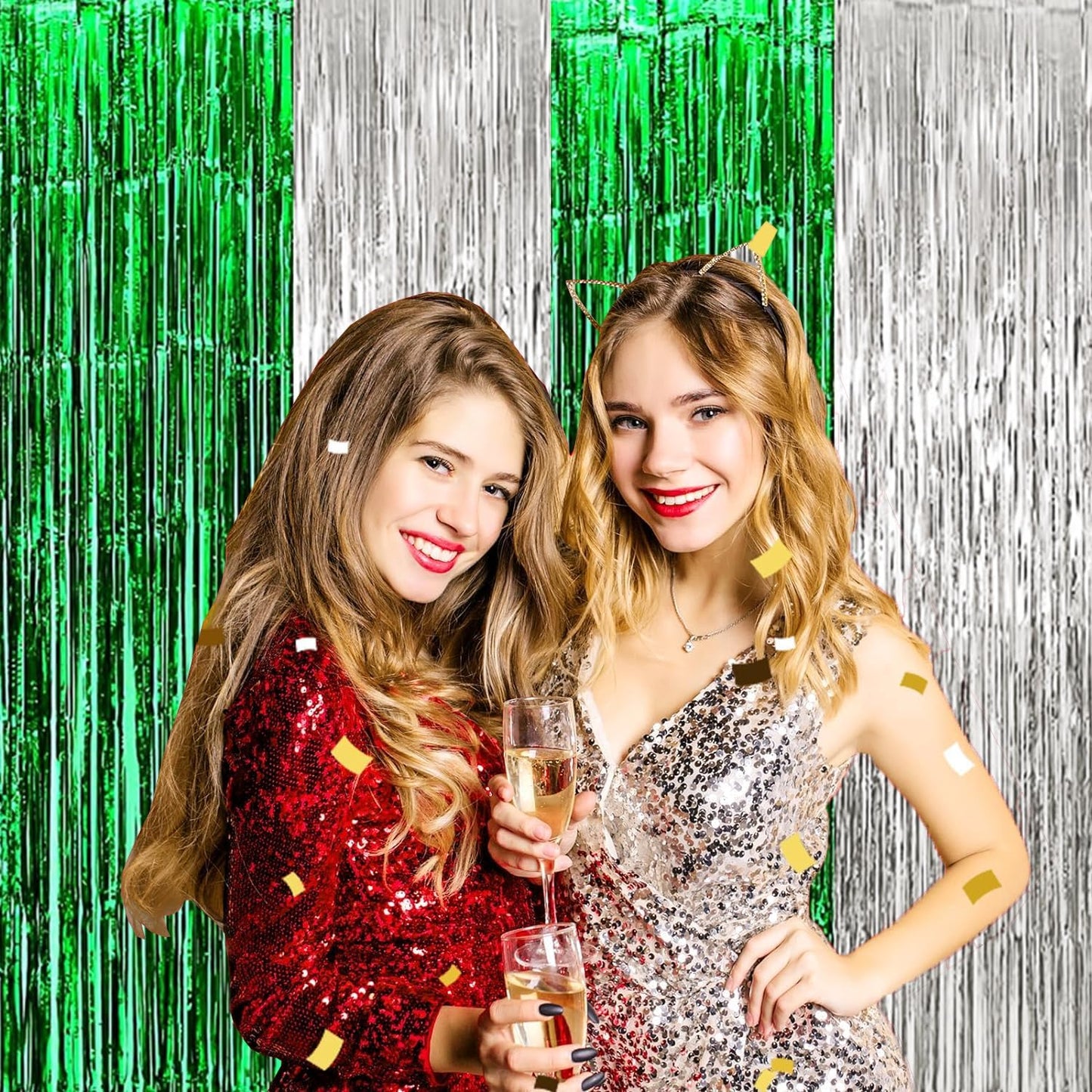 4P Metallic Foil Fringe Tinsel Table Skirts for Rectangle Tables Backdrop Banner Streamer Garland Curtains for Parade Floats Wedding Graduation Anniversary Birthday Parties Decoration (Silver Green)