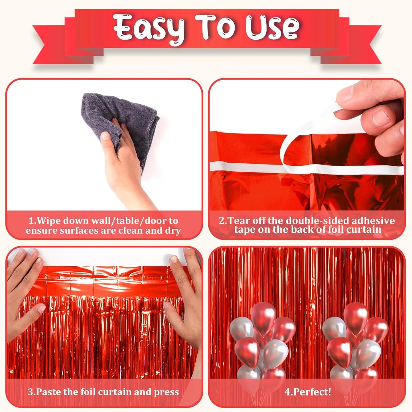 2 Pack Red Tinsel Foil Fringe Curtains, Red Party Decorations, Metallic Tinsel Party Streamers Backdrop for Birthday Red Carpet Christmas Graduation Carnival Valentine's Party Decorations