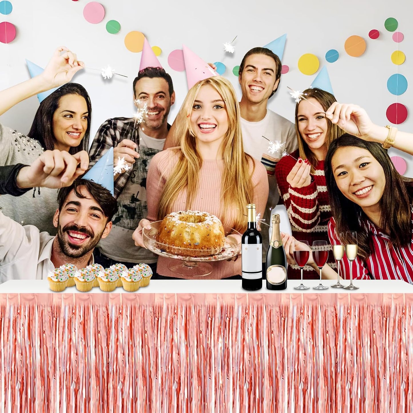 3 Pack 29x108 Inch Rose Gold Foil Fringe Table Skirts Metallic Banner for Tinsel Streamer Garland Backdrop for Parade Floats Wedding Thanksgiving Birthday Christmas Halloween Party Decoration