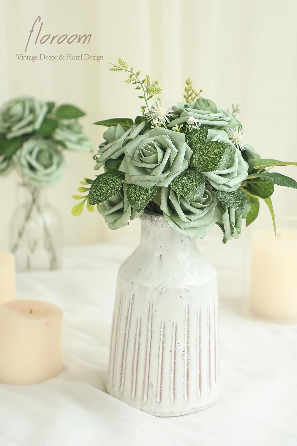 Floroom Artificial Flowers 25pcs Real Looking Emerald Green Ombre Colors Foam Fake Roses with Stems for DIY Wedding Bouquets Bridal Shower Centerpieces Sage Green Floral Arrangements Tables Decoration