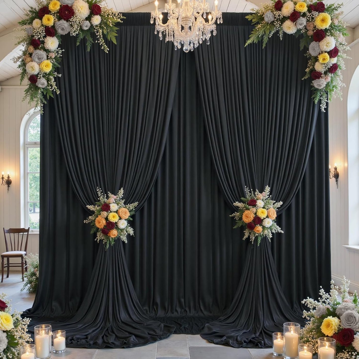 40x12ft Wrinkle Free Black Backdrop Curtain for Wedding Parties, 8 Panels 5×12 ft Long Soft Silky Polyester Fabric Backdrop Drapes Black Photo Back Drop Curtains for Party Photography Background Cloth
