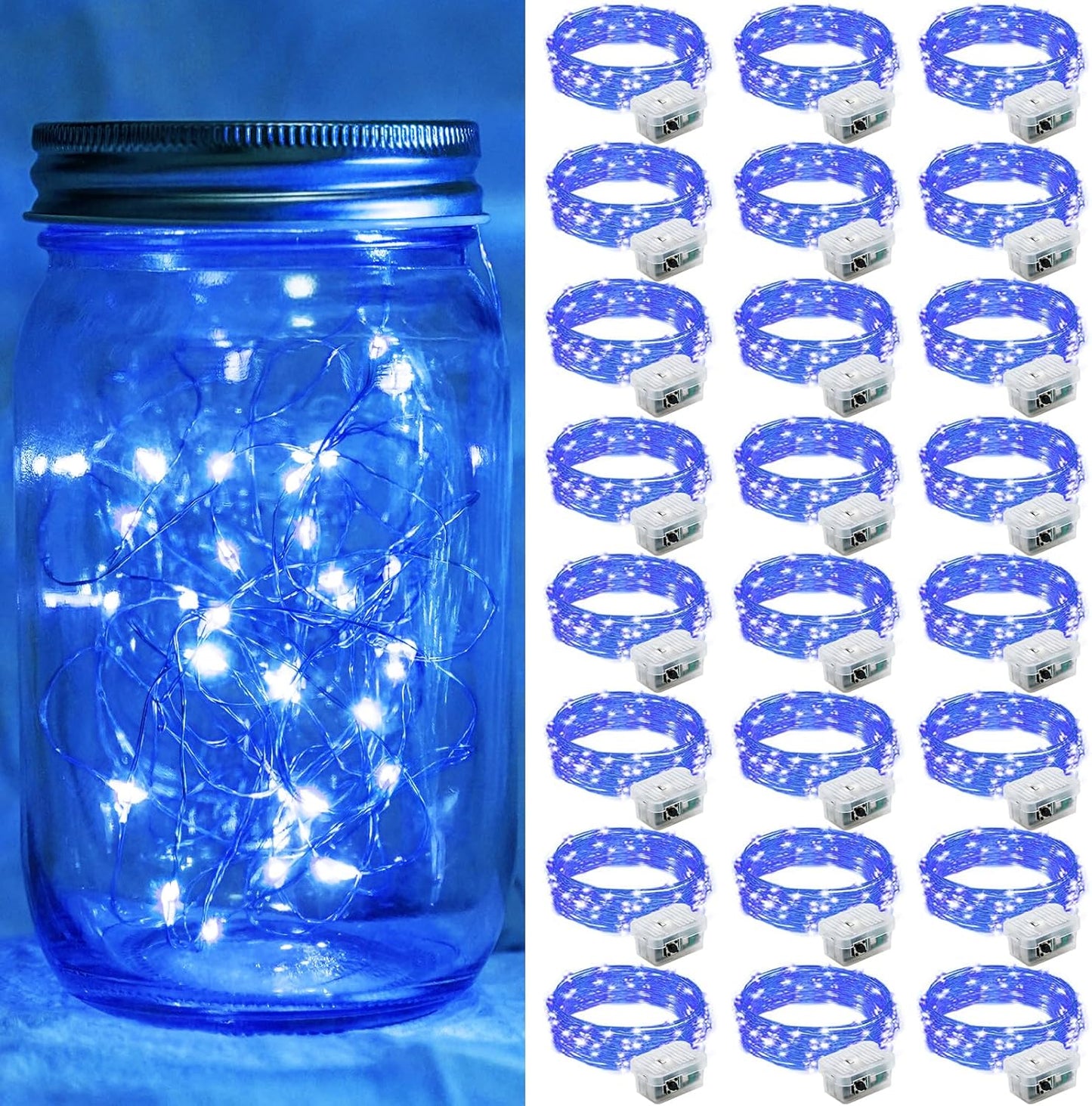24 Pack Blue Fairy Lights 7Ft 20 LED Twinkle String Lights 3 Modes Battery Operated Waterproof Firefly Starry for Mason Jar Party Wedding Christmas Valentines Day Table Centerpieces