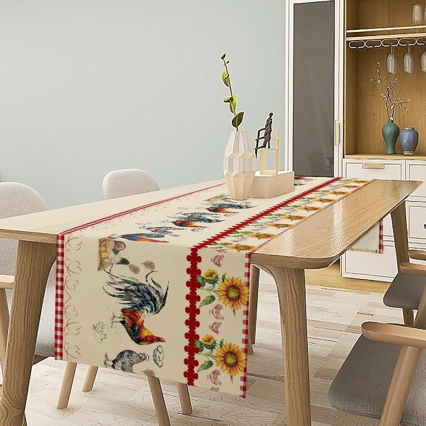 Rustic Rooster Table Runner,Vintage Country Farm Sunflower Chicken Red Plaid Print Tablecloth Burlap for Hotel Indoors Outdoor Dining Room Kitchen Home Decor,W13X L36 in