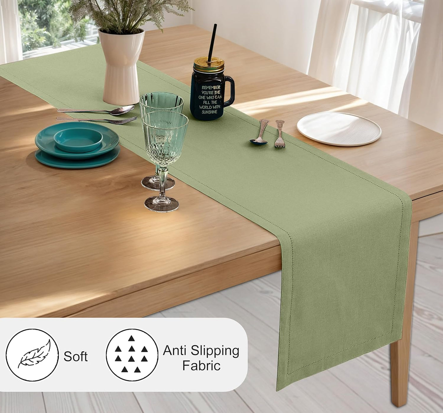 Ruvanti Linen Table Runner 108 Inches, Classic Hemstitch, Washable, Reusable, Non-Slipping, Stain Resistant- Perfect for Parties, Weddings, Dinners, Thanksgiving, Christmas, Indoor use – Olive