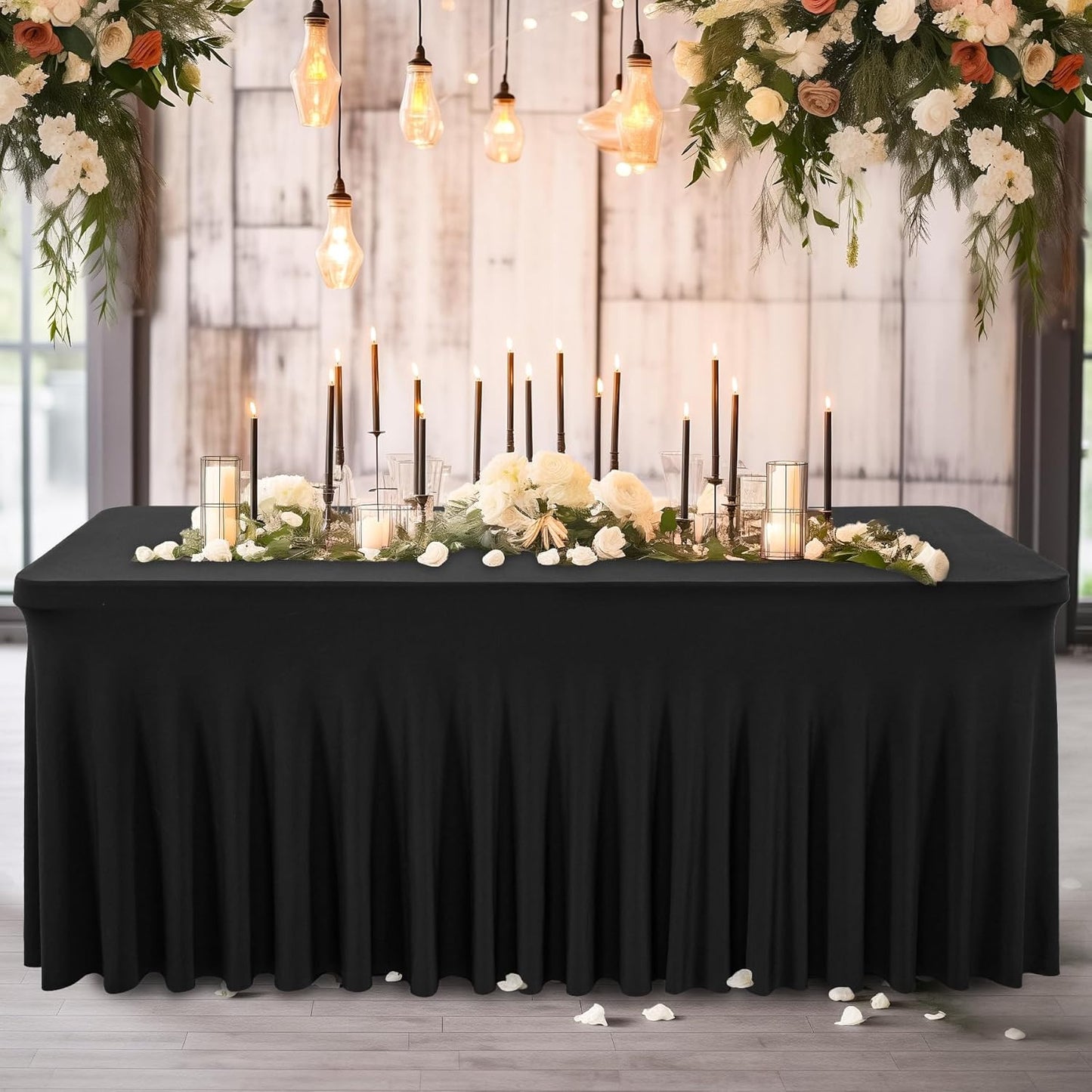 Wish Care 6 Pack Black Spandex Table Cloths for Rectangle Tables 6ft - One-Piece Wrinkle Free Fitted Table Cover 6 Foot Table Stretch Tablecloths for Party, Banquet, Wedding and Events