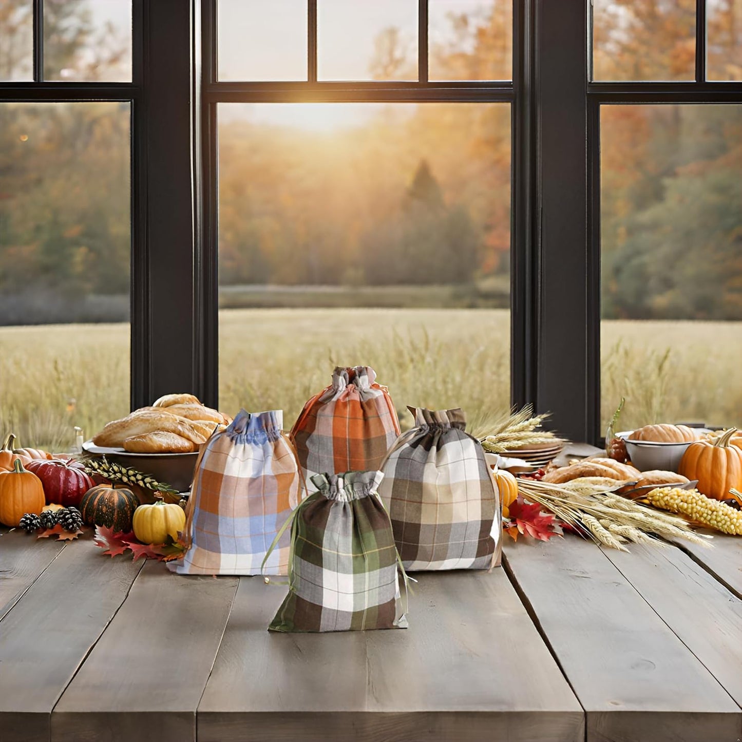 Large Fall Burlap Bags with Drawstrings - Orange Buffalo Plaid & Sage Green Gingham Sacks - Reusable Brown Pouch for Thanksgiving Party Gift Wrapping Goodies (4 Colors, 12x16 inch)