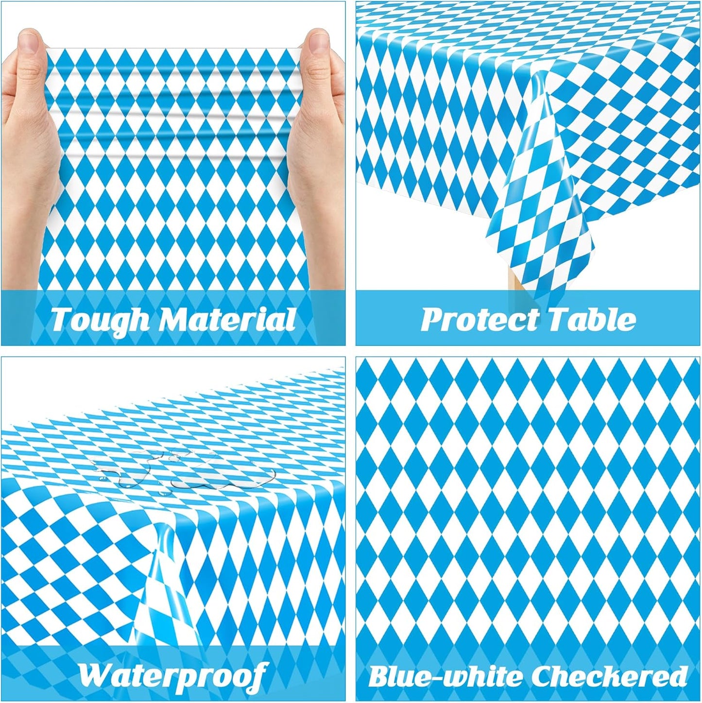 4 PCS Oktoberfest Decoration, 54 X 108 IN Blue White Checkered Plastic Oktoberfest Tablecloth, Disposable Rectangular German Theme Table Supplies, Bavarian Tablecover, Beer Tablecloth for Party Picnic