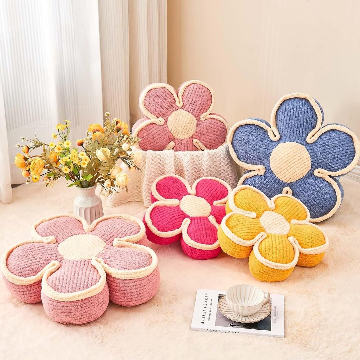 Flower Pillow, Soft Shaped Floor Cushion, Decorative Throw Pillow, Cute Seating Cushion, Room Decor Plush Pillows for Sofa Couch Bed (13.7 Inch, Blue)