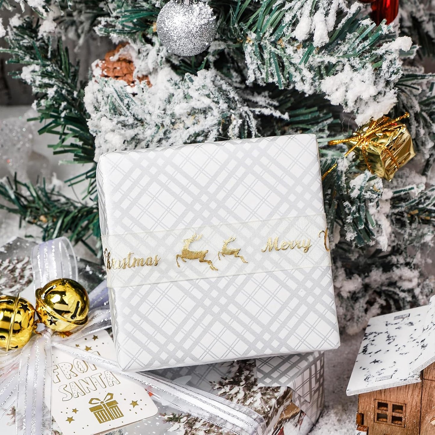 LeZakaa Christmas Silver Wrapping Paper Mini Roll for Boy Kid, Red Truck, Snowy Pine Forest & Grid Plaid, Silver Foil Reversible Design for Winter Holiday Family Gathering, 17 inches x 32.8 Feet