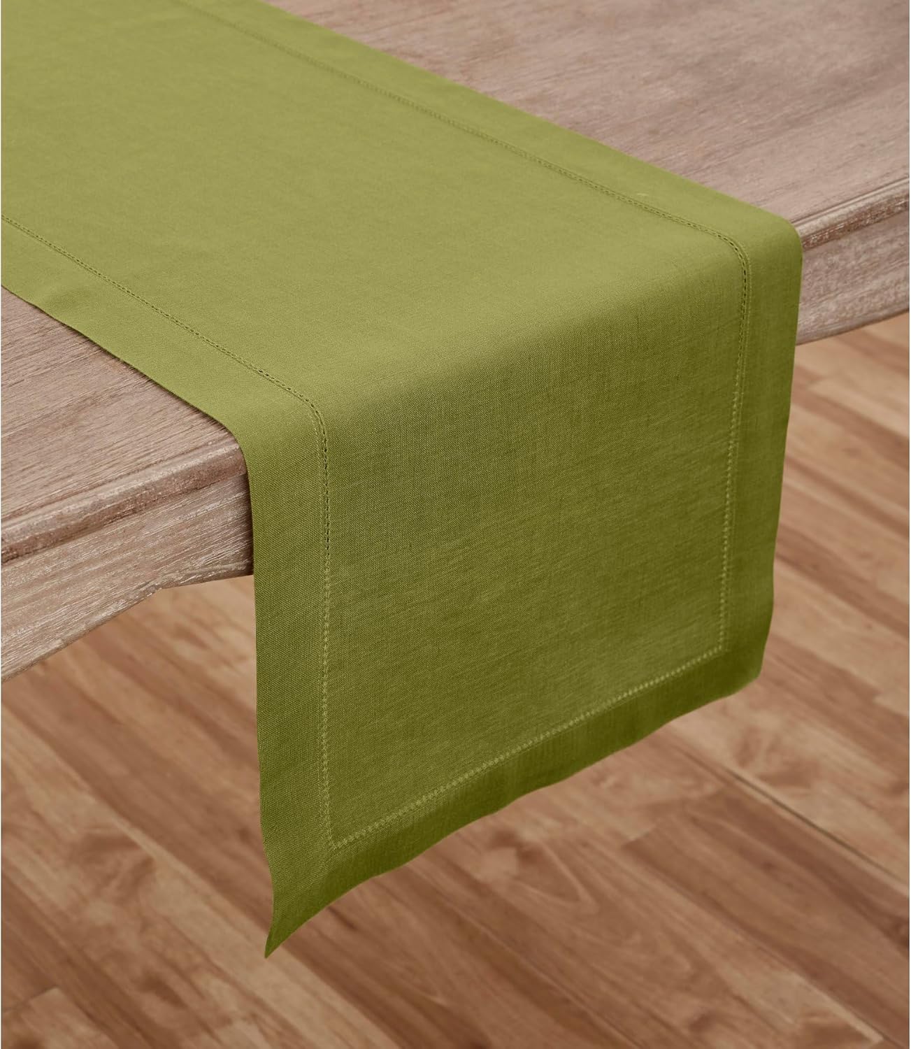 Solino Home Linen Avocado Green Table Runner 72 Inches Long - 100% Pure Linen Hemstitch Table Runner 14 x 72 Inch for Dresser, Dining, Fall, Autumn, Halloween, Thanksgiving - Classic Hemstitch