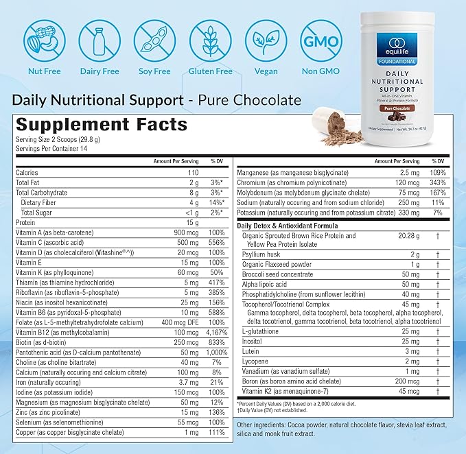 Equilife Daily Nutritional Support, All-in-One Multivitamin Meal Replacement, Pure Chocolate Flavor, 15G Plant Protein, Supports Overall Wellness Including Energy, Digestion, & Skin, 14 Servings Tub