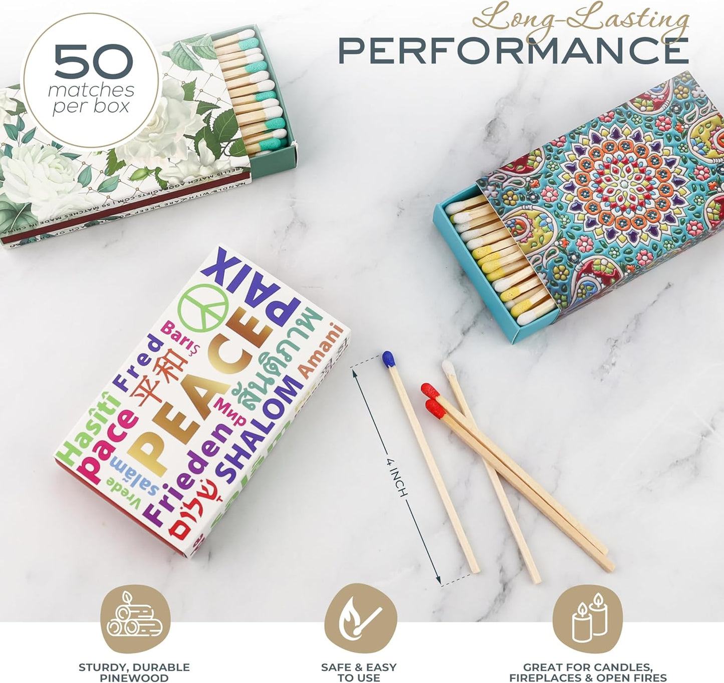 Decorative Matches Box -4-Inch Long Matches for Candles with Strike - Wooden Colorful Candle Sticks with Rainbow Tips - 50 Pc Match Sticks - Matchbox Designs of Your Choice (2 Unique Box Designs)