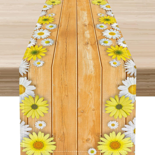 Farmhouse Floral Table Runner, Spring Seasonal Yellow Daisy Sunflower Retro Wooden Country Table Center Decor for Home Kitchen Dining Patio Holiday Party Table Decorations, 13"x90" Inch