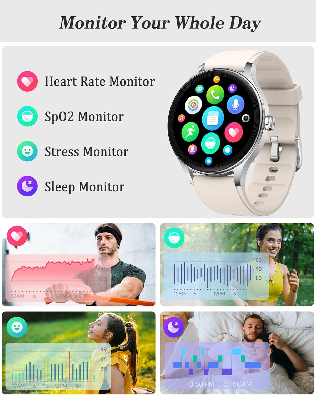 Smart Watch, 41mm Fitness Tracker, Answer/Make Calls, Digital Smartwatch with Heart Rate/Stress/Sleep Monitor, AI Voice, IP68 Waterproof Watch Calculator, Calendar, Games for Lady Women & Men