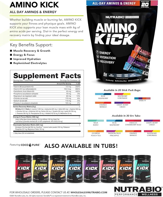 NutraBio Amino Kick – BCAA Powder with Natural Caffeine – Amino Acids Supplement for Energy, Hydration & Recovery – BCAAs, Electrolytes & Amino Acids – Baja Burst, 30 Servings