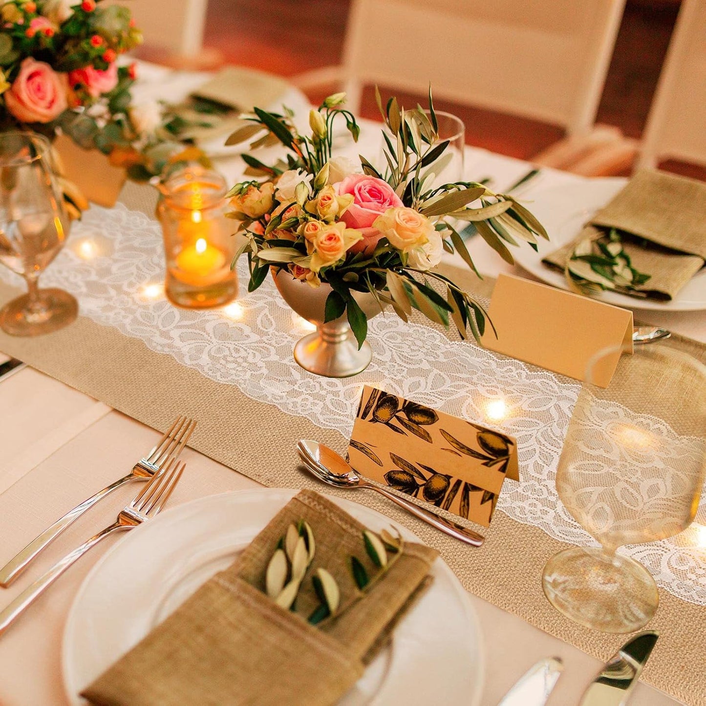 Xinnun 12 Pcs Burlap Table Runner with Lights 12 x 108 Inches Burlap Lace Table Runner Rustic Wedding Decorations Home Party (Flower)