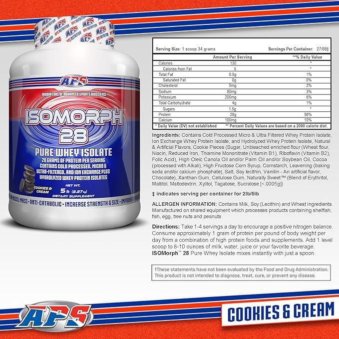 APS Nutrition Isomorph 28 Protein Powder | Pure Whey Isolate | Cold Pressed, Ultra- Filtered, & Ion Exchange Isolates | 28g Protein | 5 Pound (Cookies & Cream)