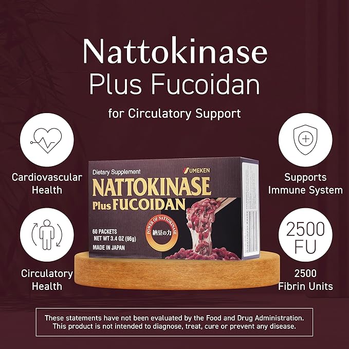 Nattokinase Plus Fucoidan for Circulatory Support, 2500FU Natto, Blood Circulation Supplements, Odor Free & Easy to Take Nattokinase Supplement, Okinawan Fucoidan, 60 Count, Pack of 2